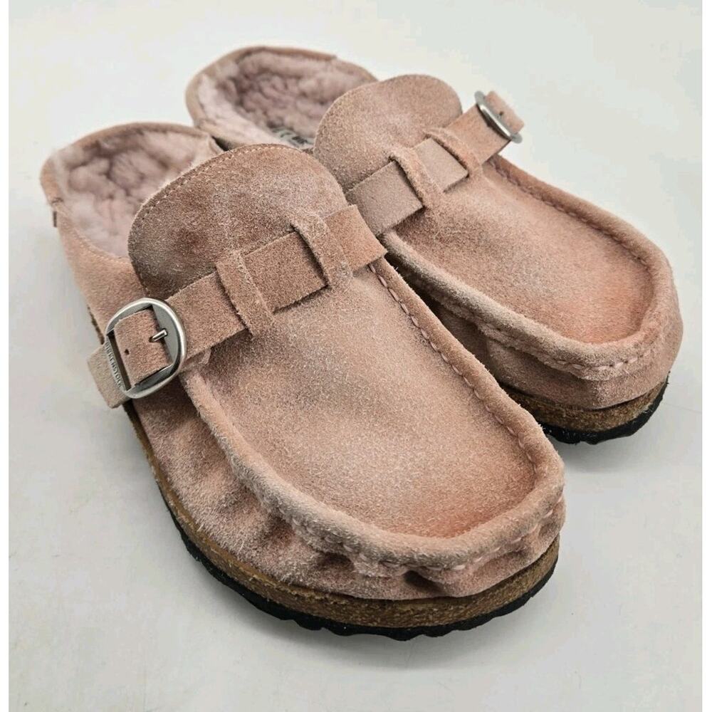 Birkenstock Buckley Pink Clay Shearling Suede Clog Mule Buckle Slip-On Sz 40 / 9